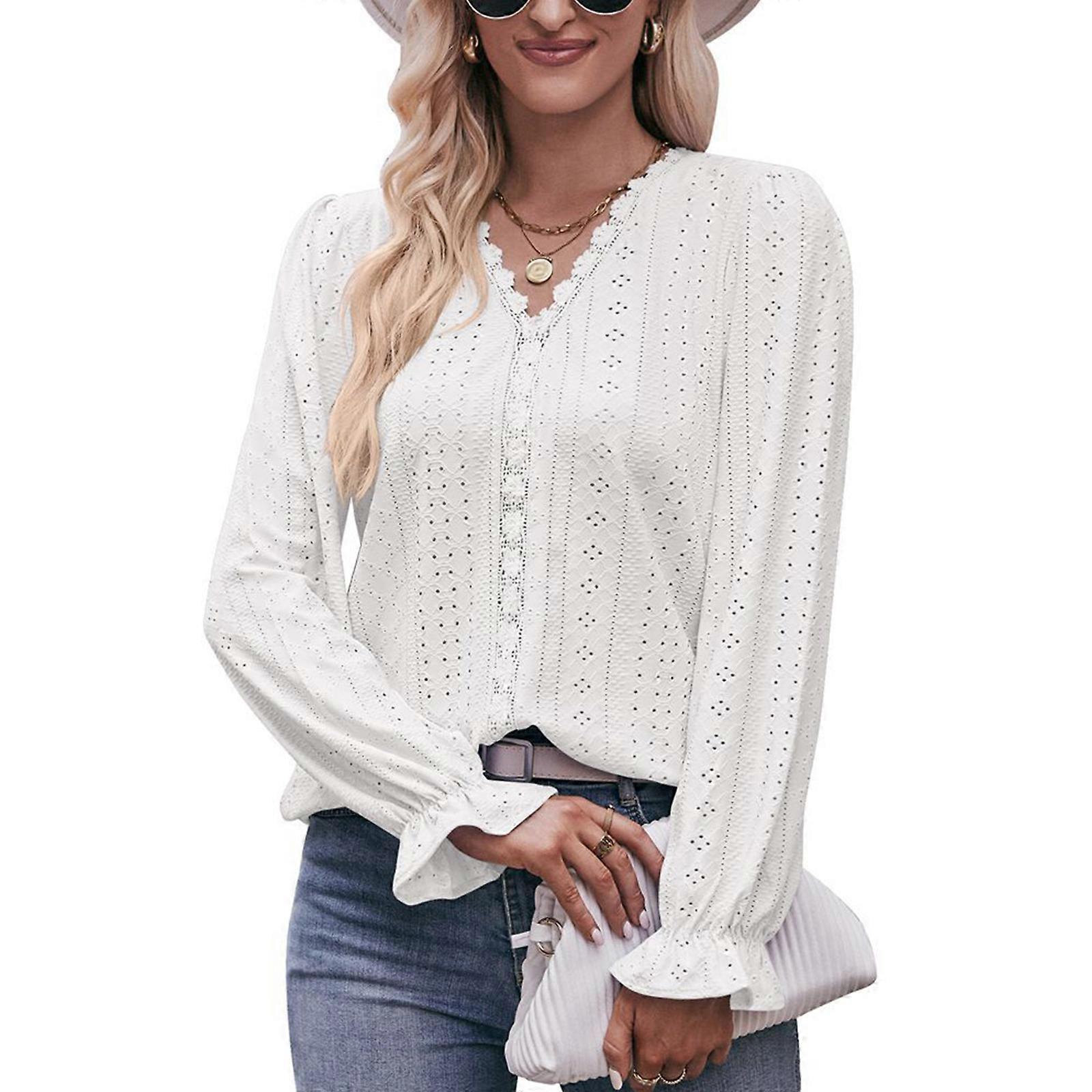 Womens Basic Long Sleeve T-Shirts, V-Neck Loose Fit Solid Color Tops, Spring Basic Female Pullover Tees  White XL