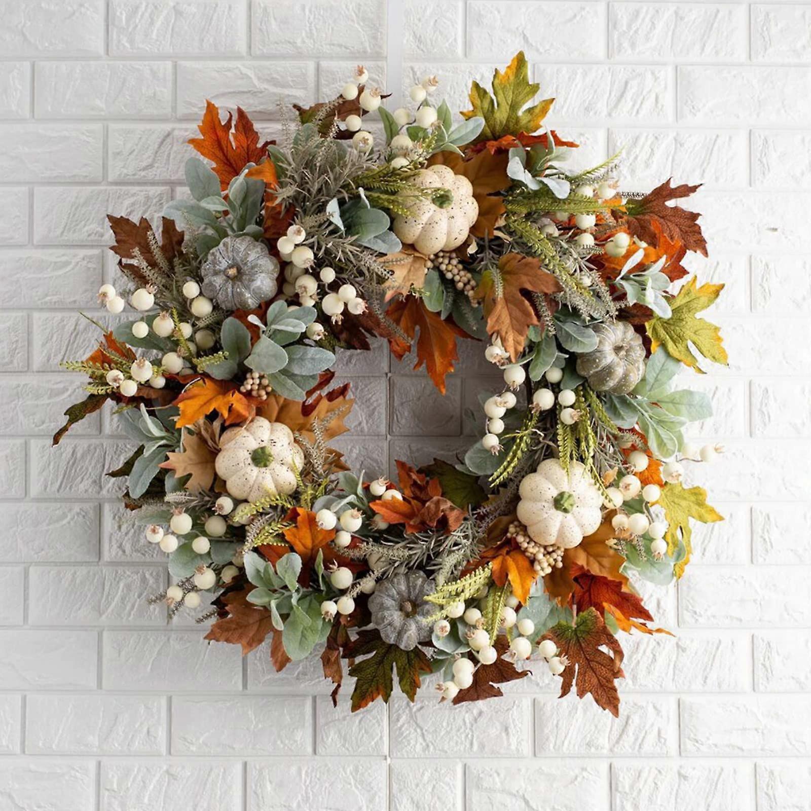 Fall Wreath for Front Door - 18 Inch Autumn Decoration With Maple Leaf, Pumpk and Berries, White Artificial Pumpk, Thanksgiving (18 in)