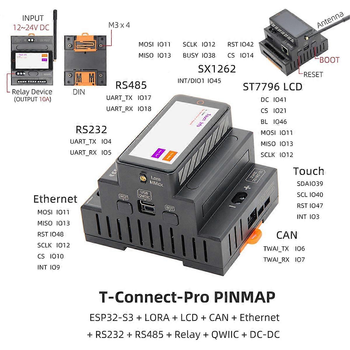 T-Connect-Pro ESP32-S3 LoRa-bord Industriële besturingsontwikkelingskaart aan boord met RS485, RS232, CAN, Ethernet, 2,33 inch LCD