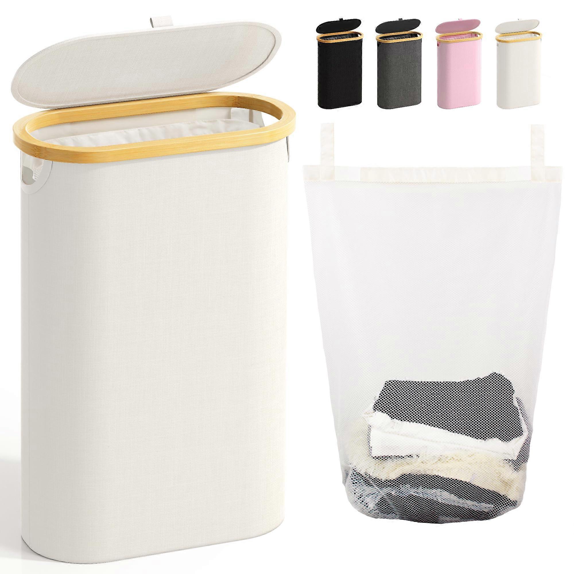 Slim Laundry Hamper with Lid, 60L Laundry Small Basket with Handles&Removable Bag