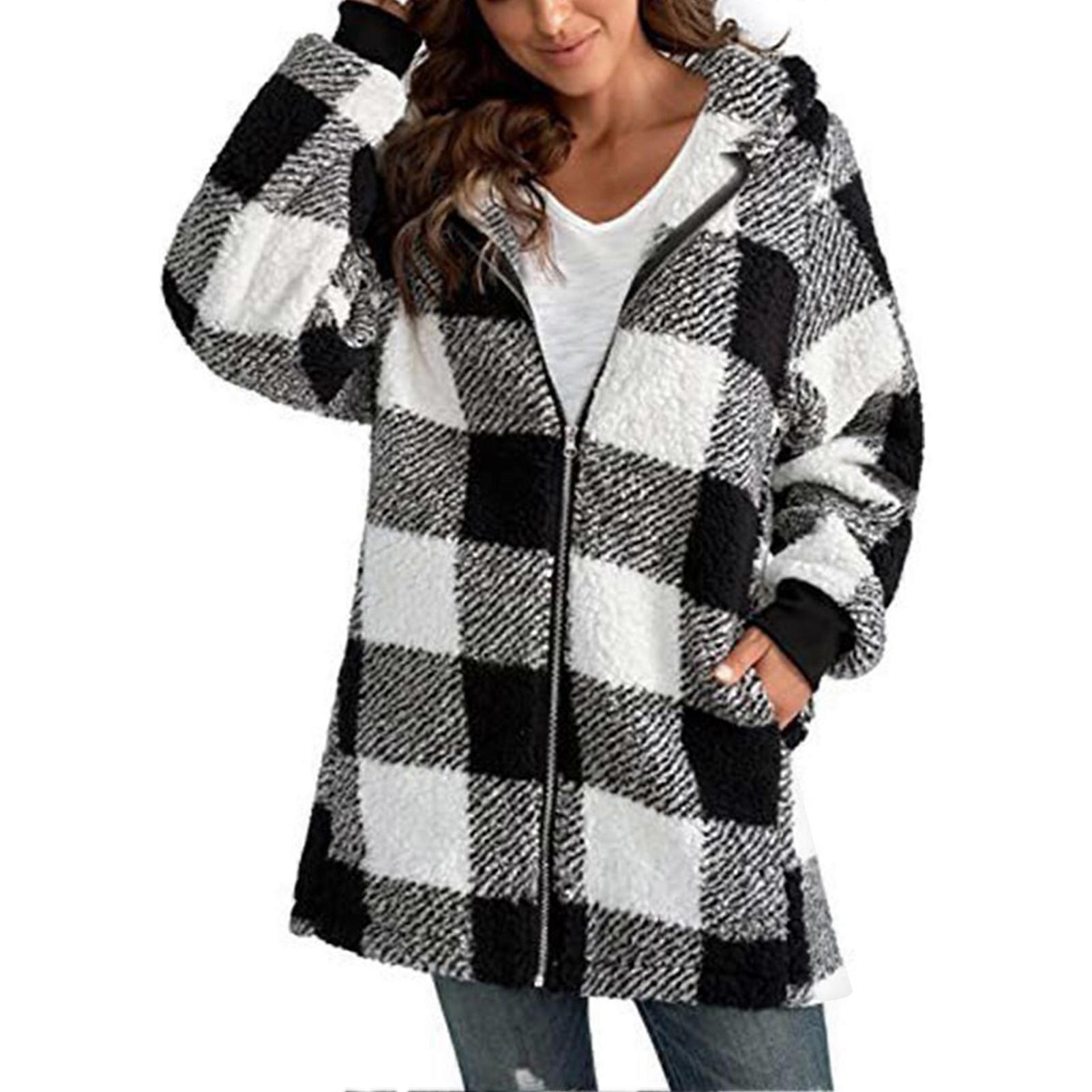 Womens Fuzzy Fleece Jacket Color Block Long Sleeves Cardigan Coat for Adult Teens