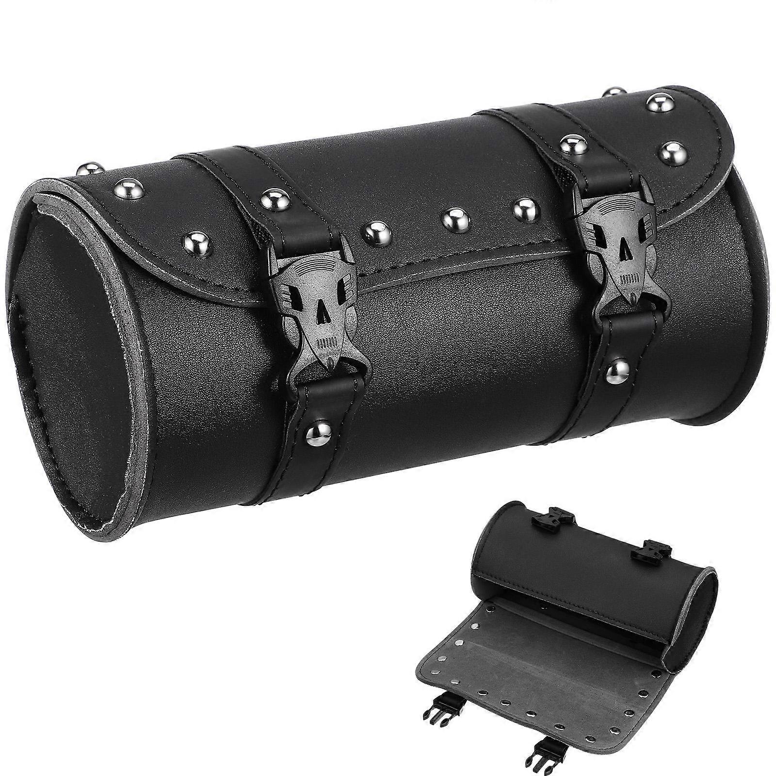 Synthetic Motorcycle Saddlebag with PU Studs & Mounting Straps for Electric Motorcycles Round Tool Storage Bag Black