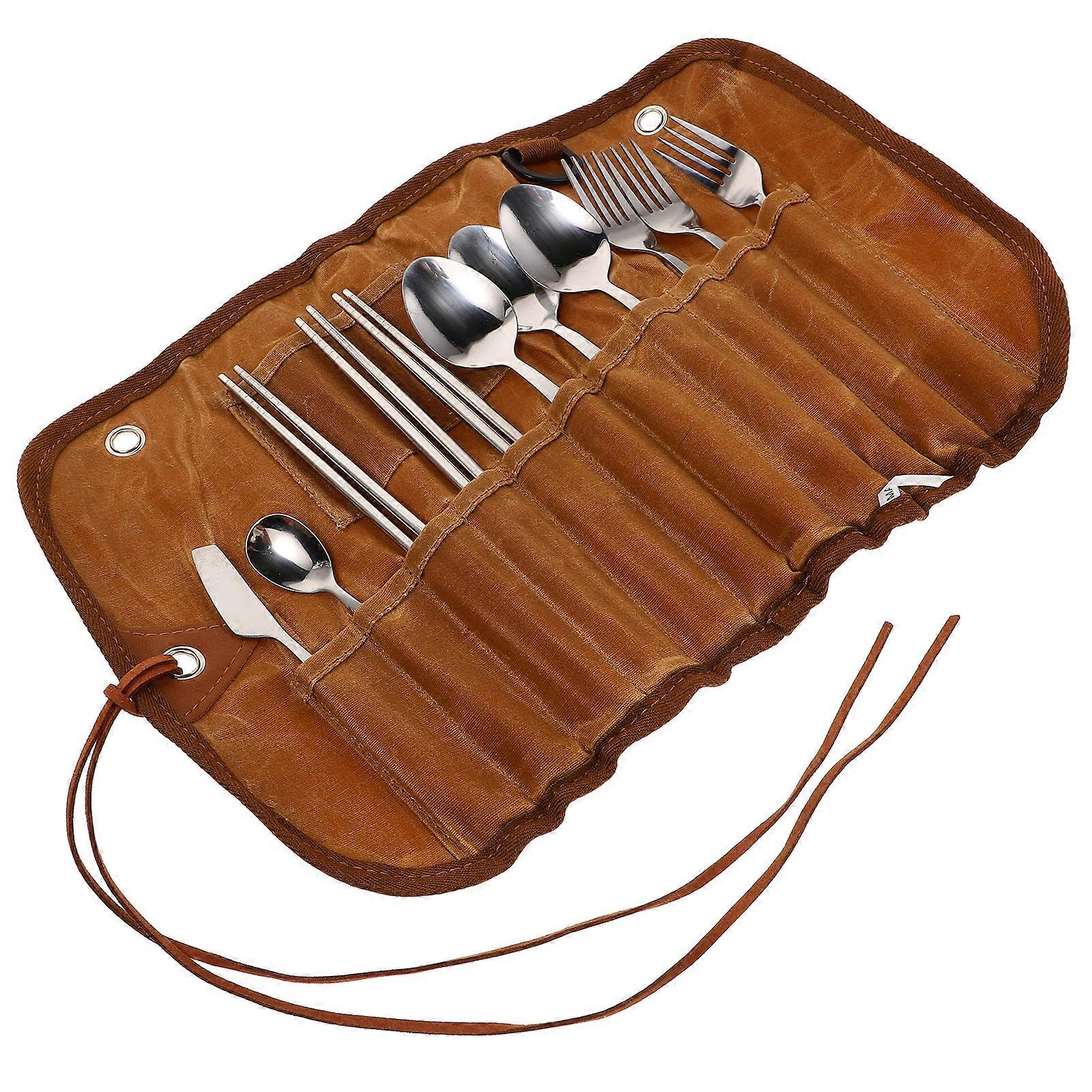 1 Set Camping Cutlery Organizer Bag with Stainless Steel Utensils Reusable Silverware Set