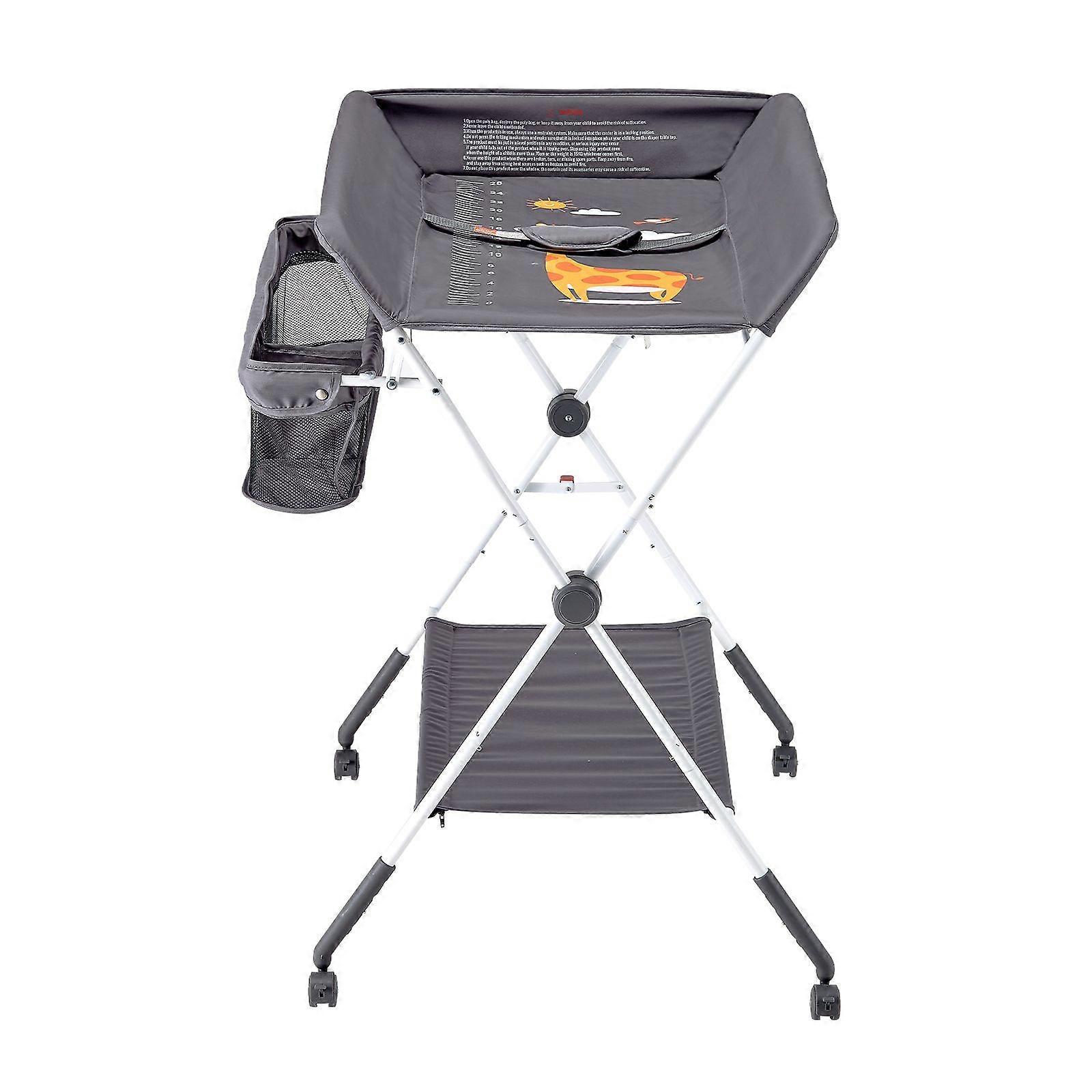 Baby Changing Table, Foldable Diaper Change Station with Side Basket, Adjustable Height Changing with Lockable Wheels, Dark Gray