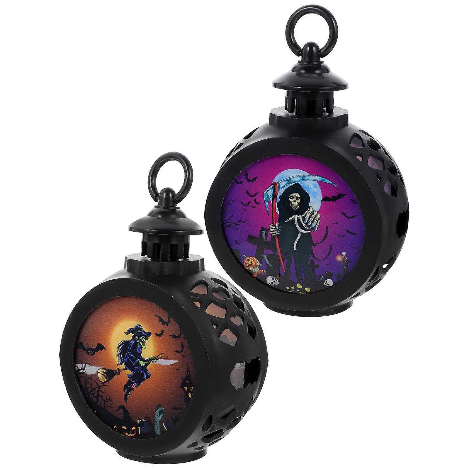 Halloween Lantern Lights Handheld Decorative Night Lamps with Witch & Grim Reaper Design for Festive Desktop or Hanging Decor