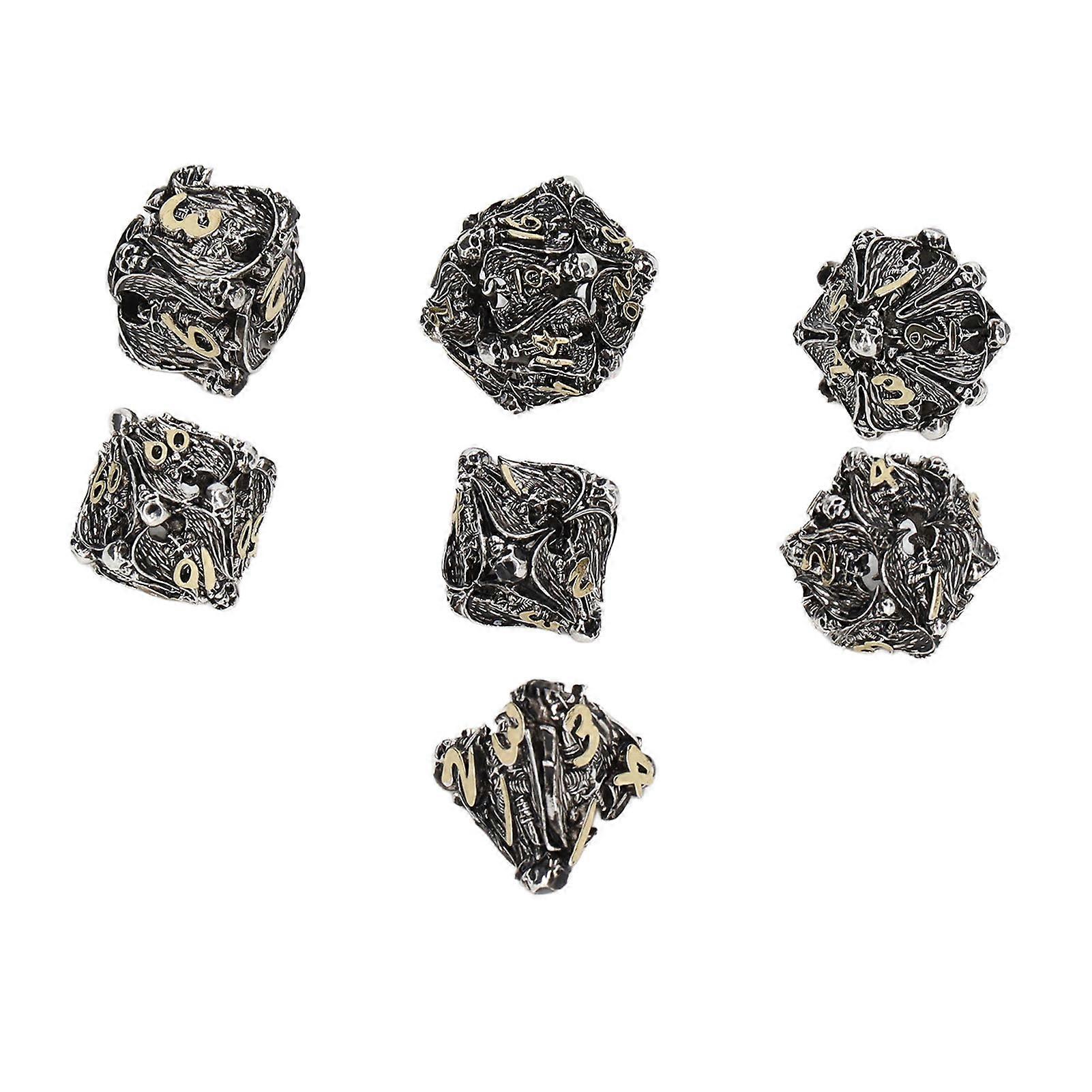 7pcs Hollow Polyhedral Dice Set Holiday Party Skull Pattern Copper Dice Props for Board Card Game Silver Black