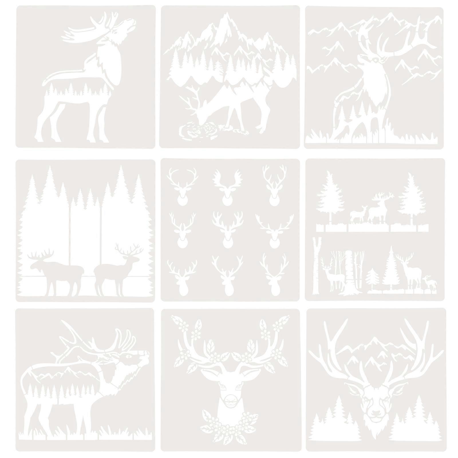 Reusable Stencils For Crafting 9Pcs Deer Theme Drawing Templates Suitable For Craft Enthusiasts 28X28CM Square White