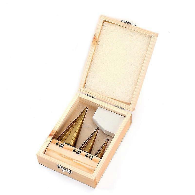 3-Piece Step Drill Bit Set, Cone Step Drill Bits (4-32 mm), for Plastic, Wood, Metal, Aluminum, Iron, Wooden Storage Box