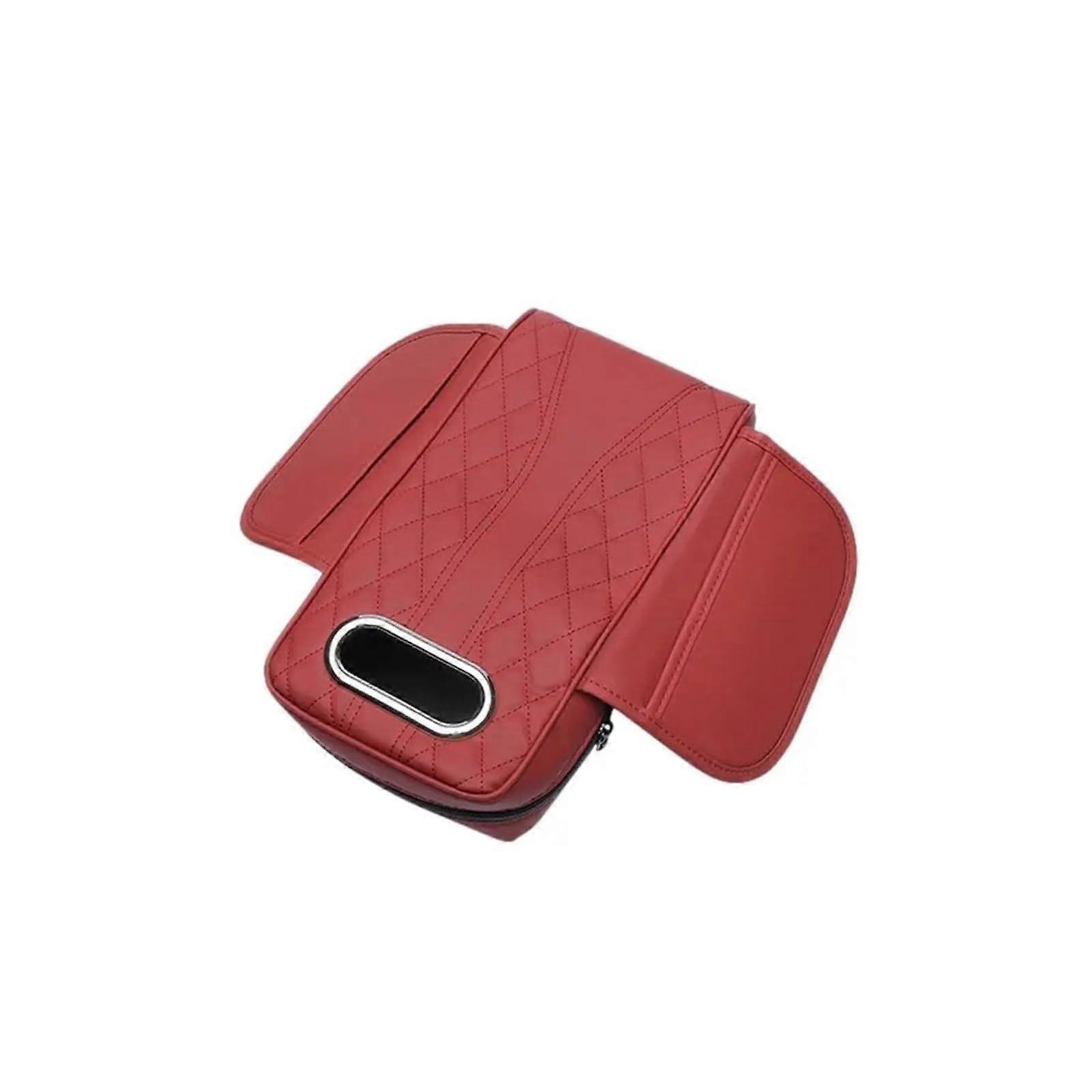 Car Armrest Cushion with Storage Pockets for Center Console, Soft Padding Cover (Red)