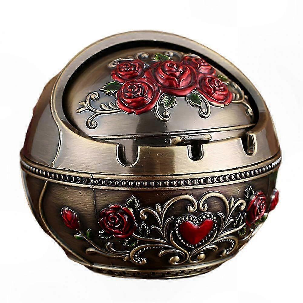 Retro Zinc Alloy Ashtray with Lid, Large Decorative Holder for Home Use, Rose Finish