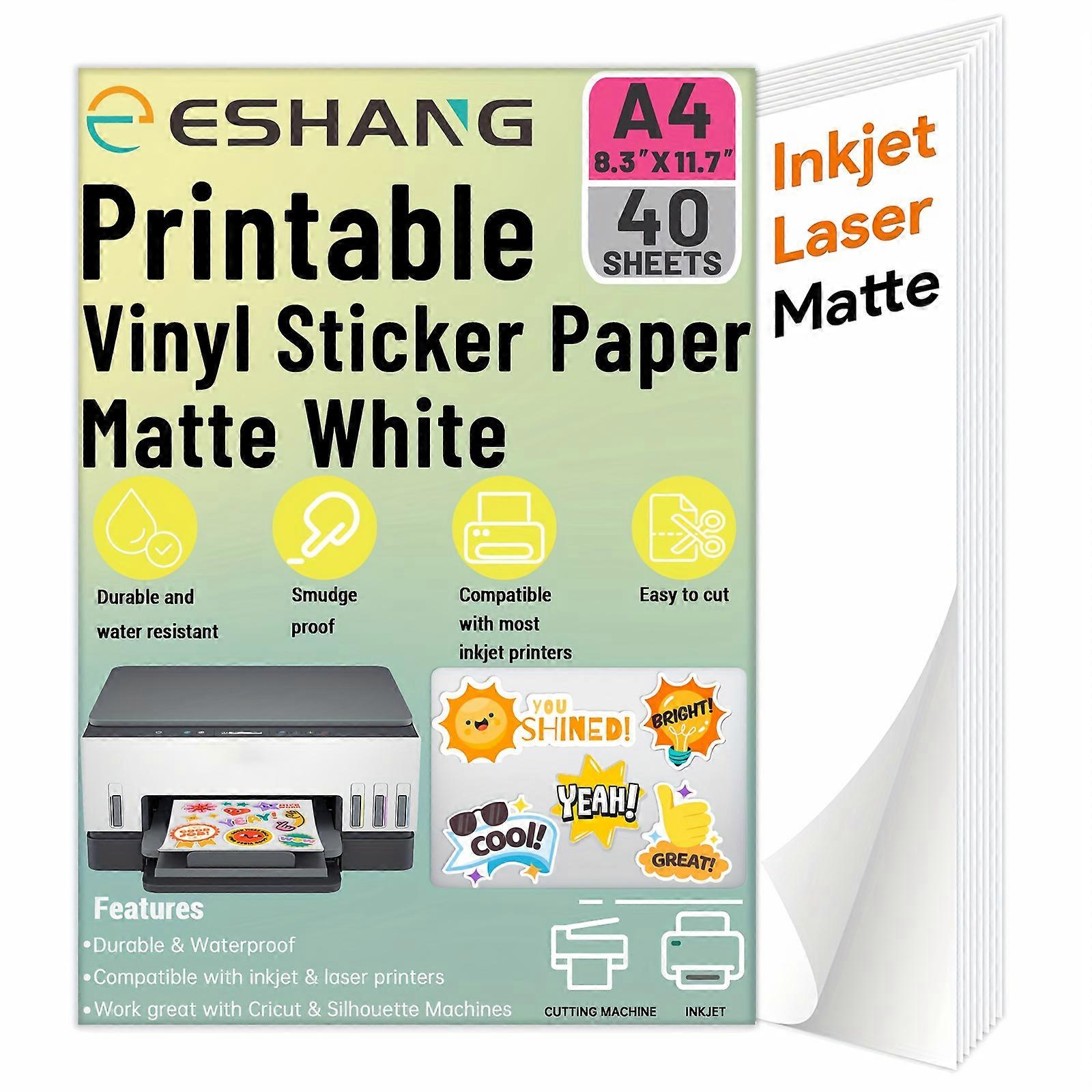 40 Sheets A4(8.3 x 11.7 Inch) Printable Vinyl Sticker Paper for Inkjet & Laser Printer Matte White Waterproof, Dries Quickly Vivid Colors