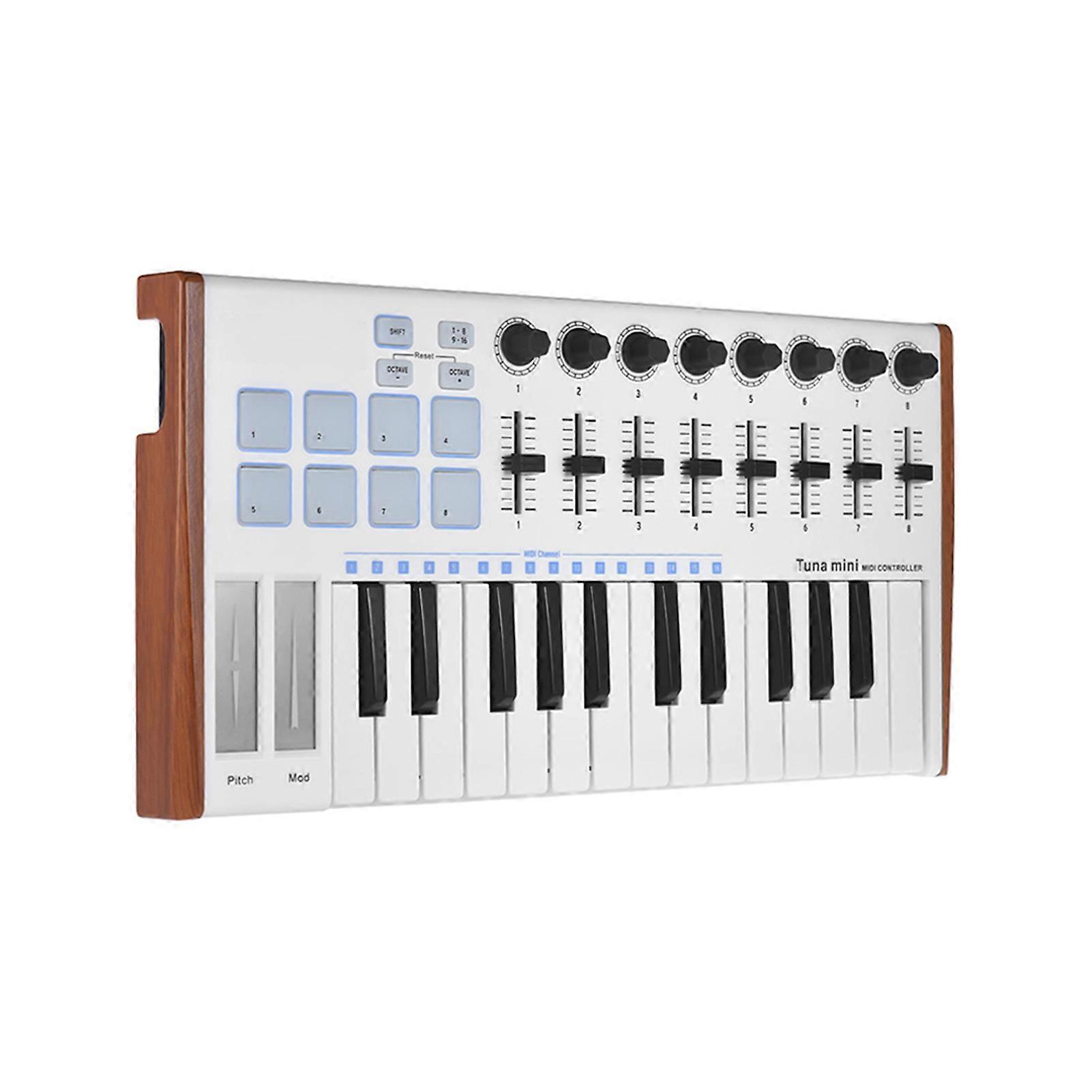 WORLDE TUNA MINI Ultra-Portable 25-Key USB MIDI Keyboard Controller 8 RGB Backlit Trigger Pads with 6.35mm Pedal Jack