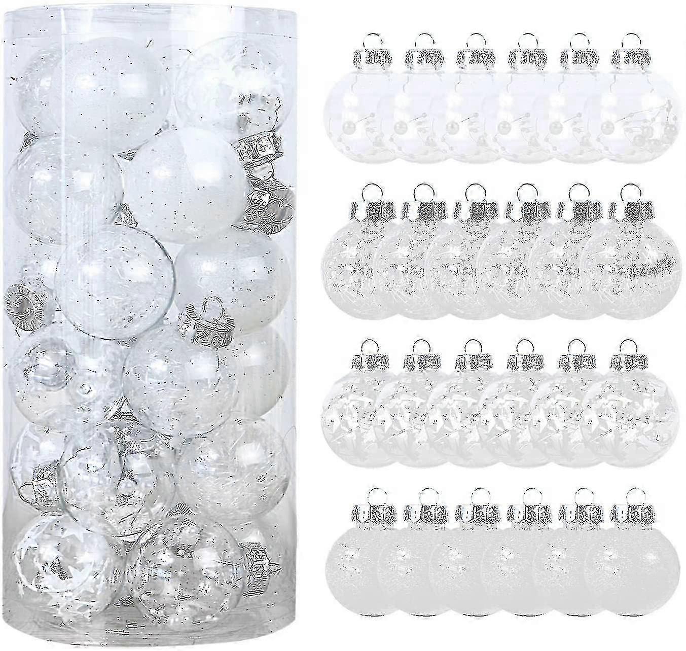 24pcs Christmas Day Decoration 6cm/2.36" Color Plastic Transparent Ball Set Shatterproof Painted Ball Set Home Xmas Tree Pendant Holiday Supplies (whi