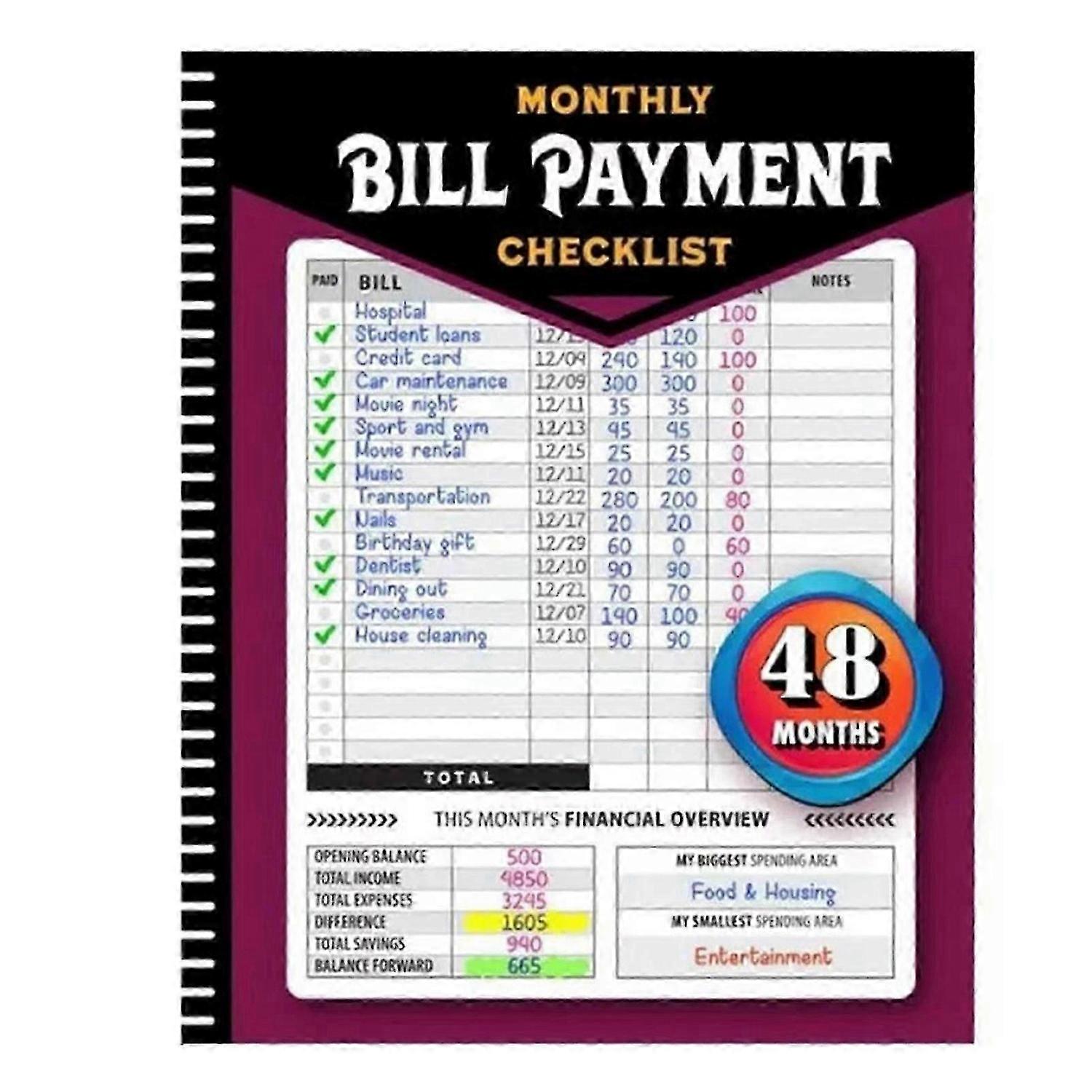 Monthly Bill Payment Checklist Notebook - Bill Payment Management Book 4-Year Bill Tracking Checklist Money Planner