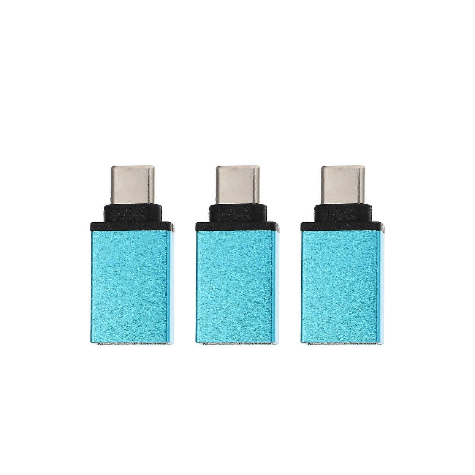 3Pcs Metal USB to Type-C Adapter Portable Converter for Phone Laptop (Blue)