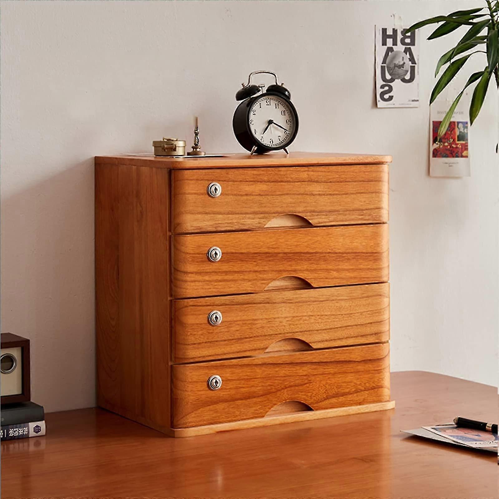 Solid Wood Desktop File Cabinet with Lock, Rustic 4 Drawer Organizer for Home, Office, School Storage Solutions
