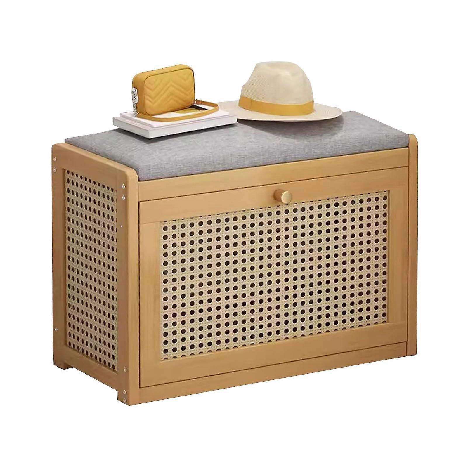 Rattan Entryway Shoe Bench 2Tier Wooden With Adjustable Shelf And Linen Cushion, 50cm Shoe Rack, Hallway Storage