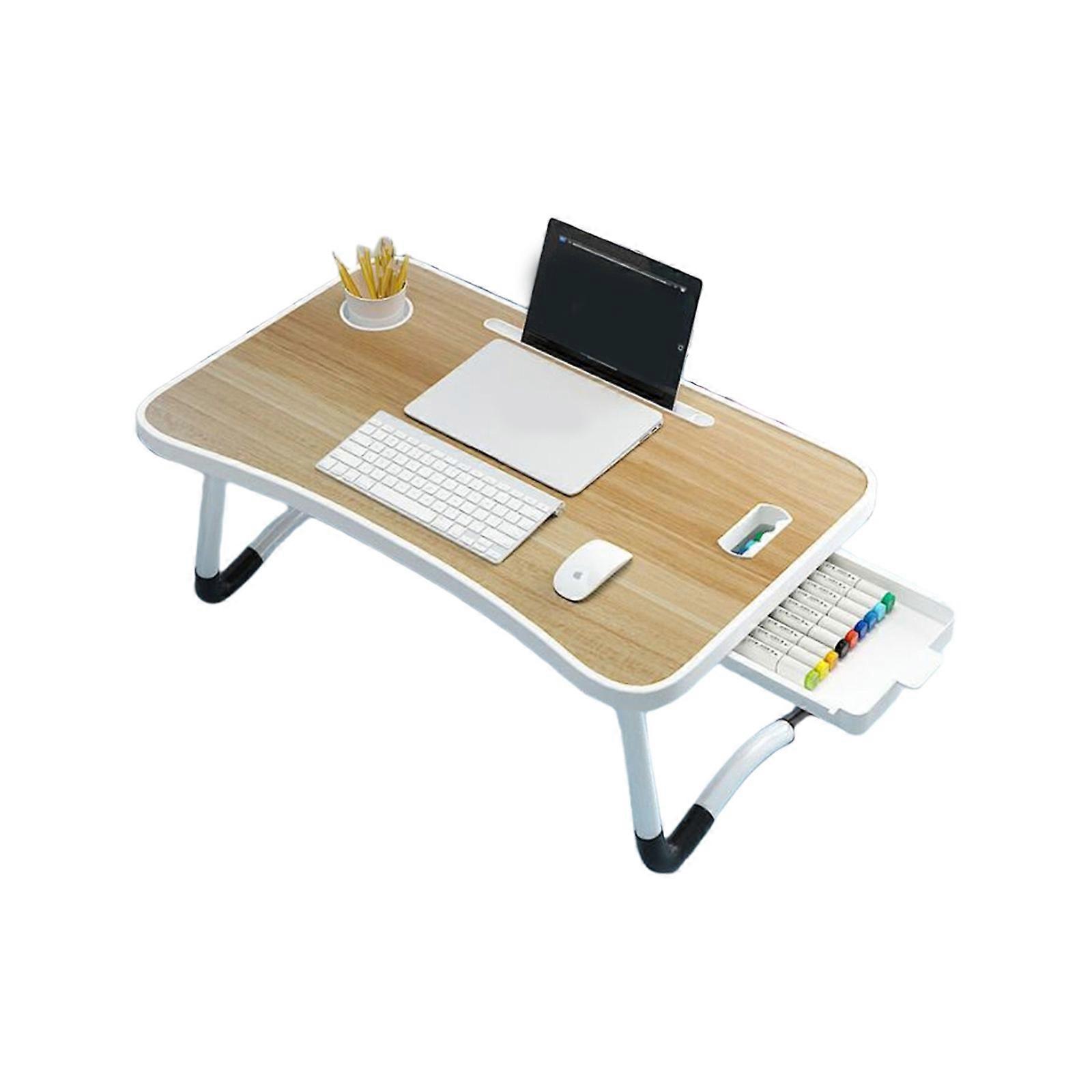 Small Foldable Bed Desk with Sturdy Metal Frame Multifunctional Portable Workstations Space Saving for Dorm Rooms  walnut color