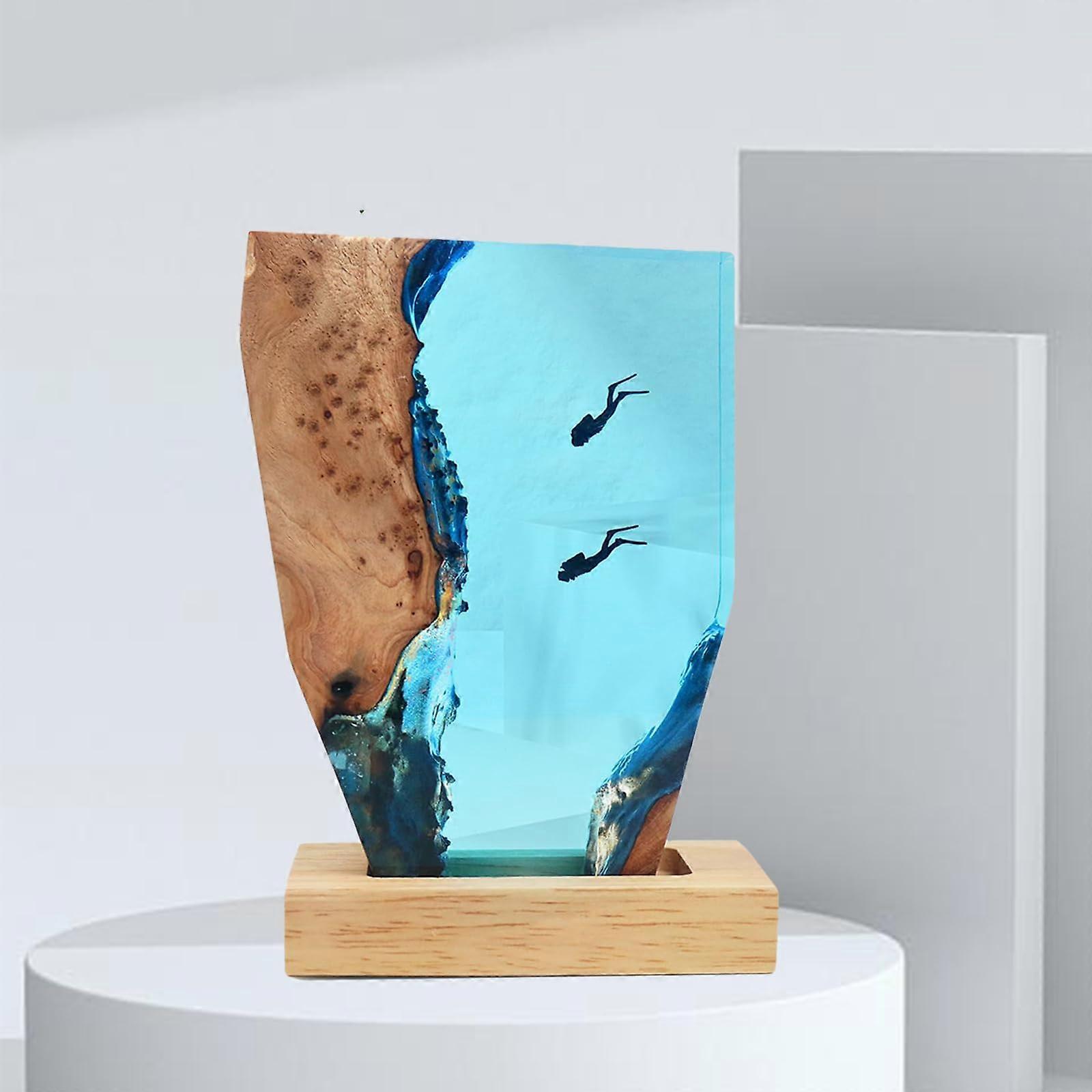 Epoxy Resin Ocean Lamp with Shark Diver Scene, LED Night Light for Bedroom Decor, 2 Divers 6inch