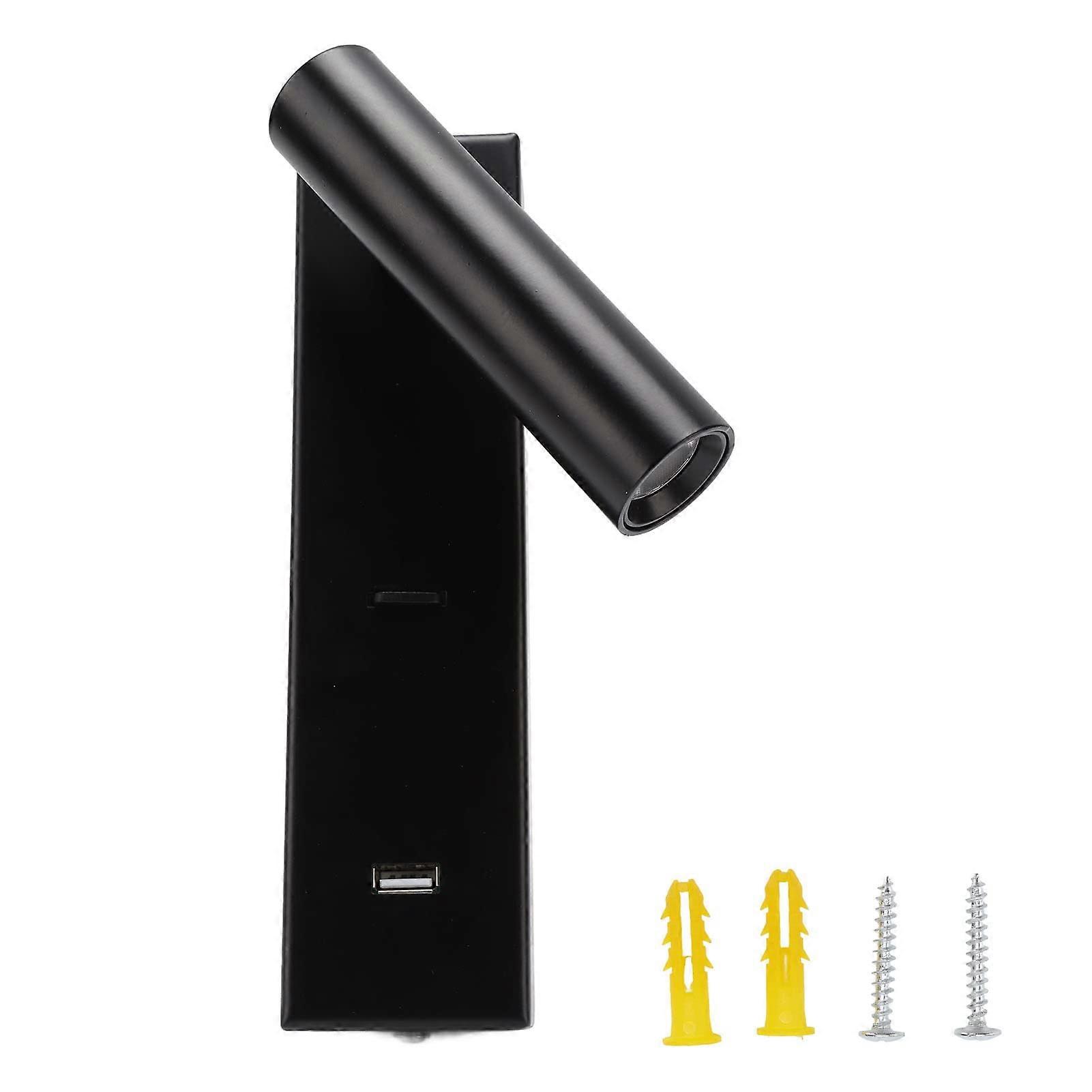 Wall Mounted Reading Light with USB Port, LED Bedside Sconce, 350° Rotatable Head, Black