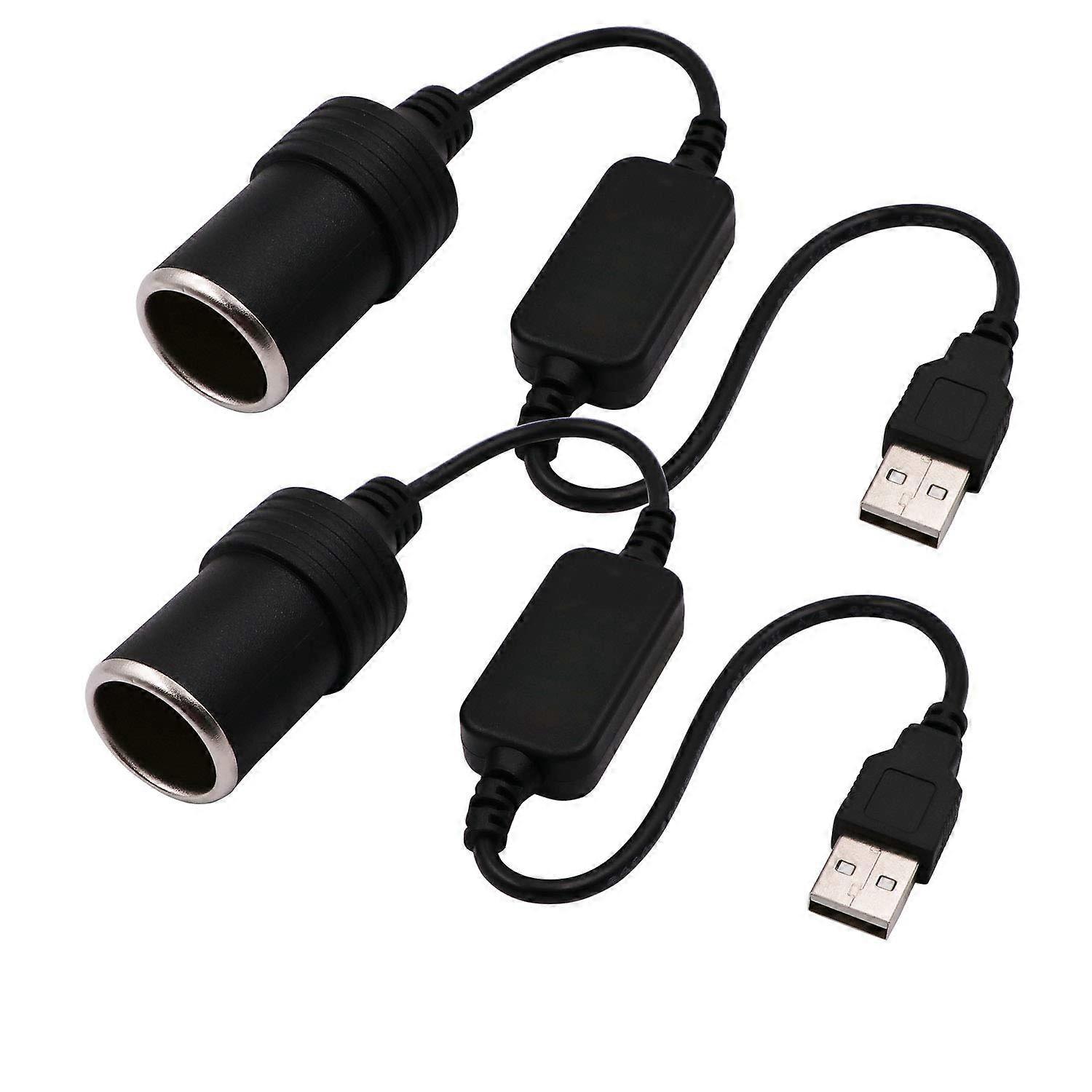 USB to 12V Car Adapter Cable 2Pack, USB Cigarette Lighter Socket Converter, Black