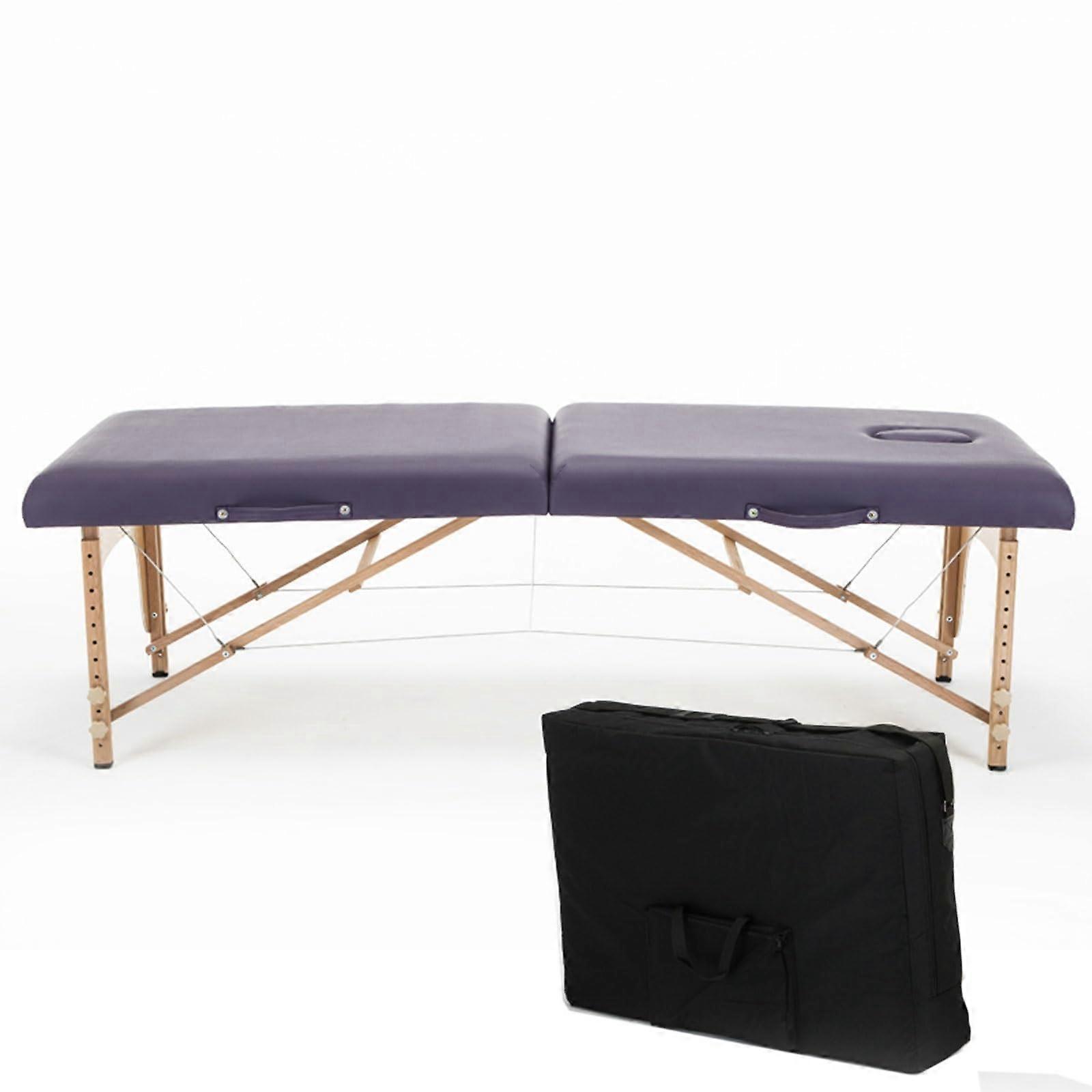Portable Folding Massage Table Adjustable Height Waterproof Leather Spa Bed Beech Wood Purple