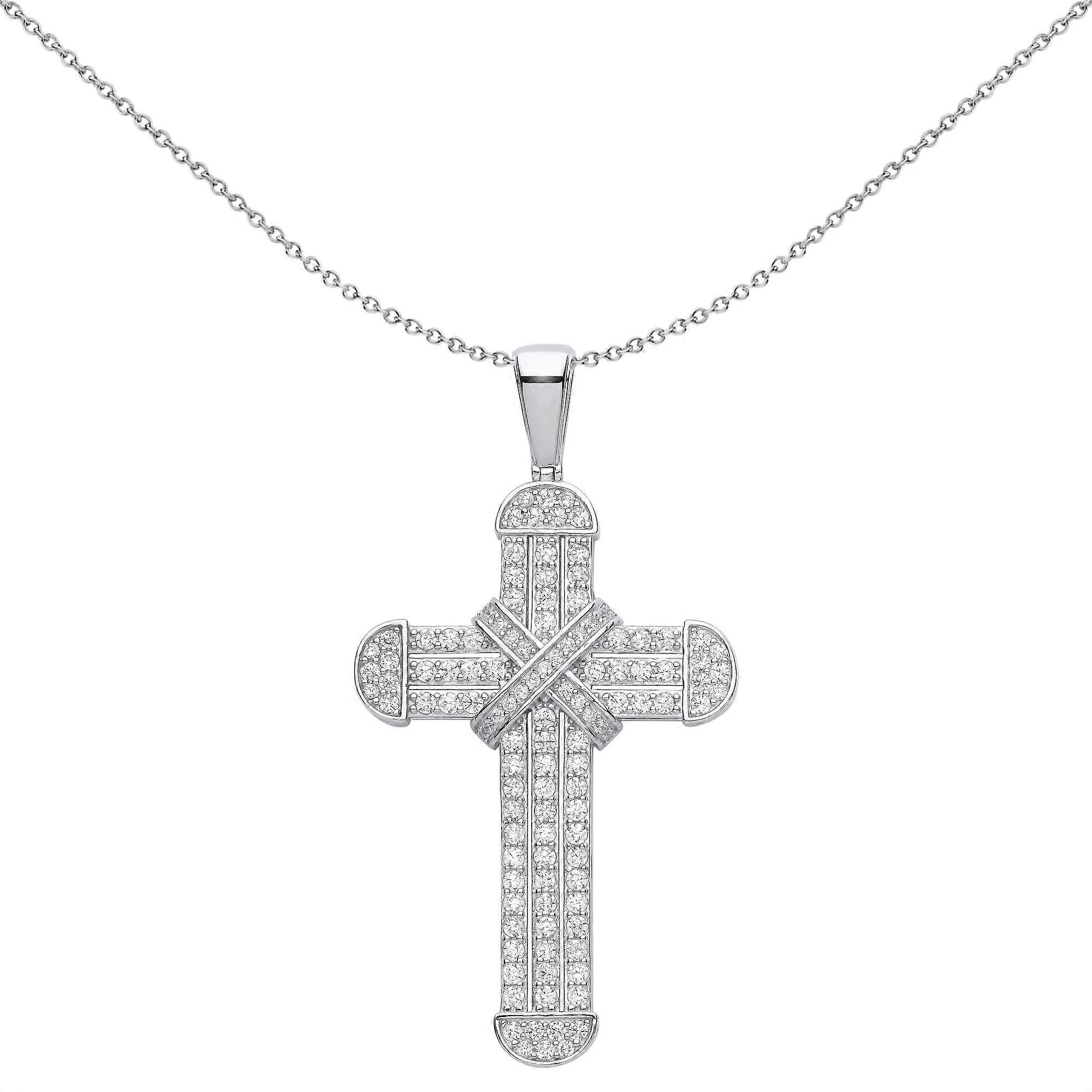 Jewelco London Unisex Rhodium Plated Sterling Silver CZ Dome Capped Kiss Cross Pendant Necklace 18 inch