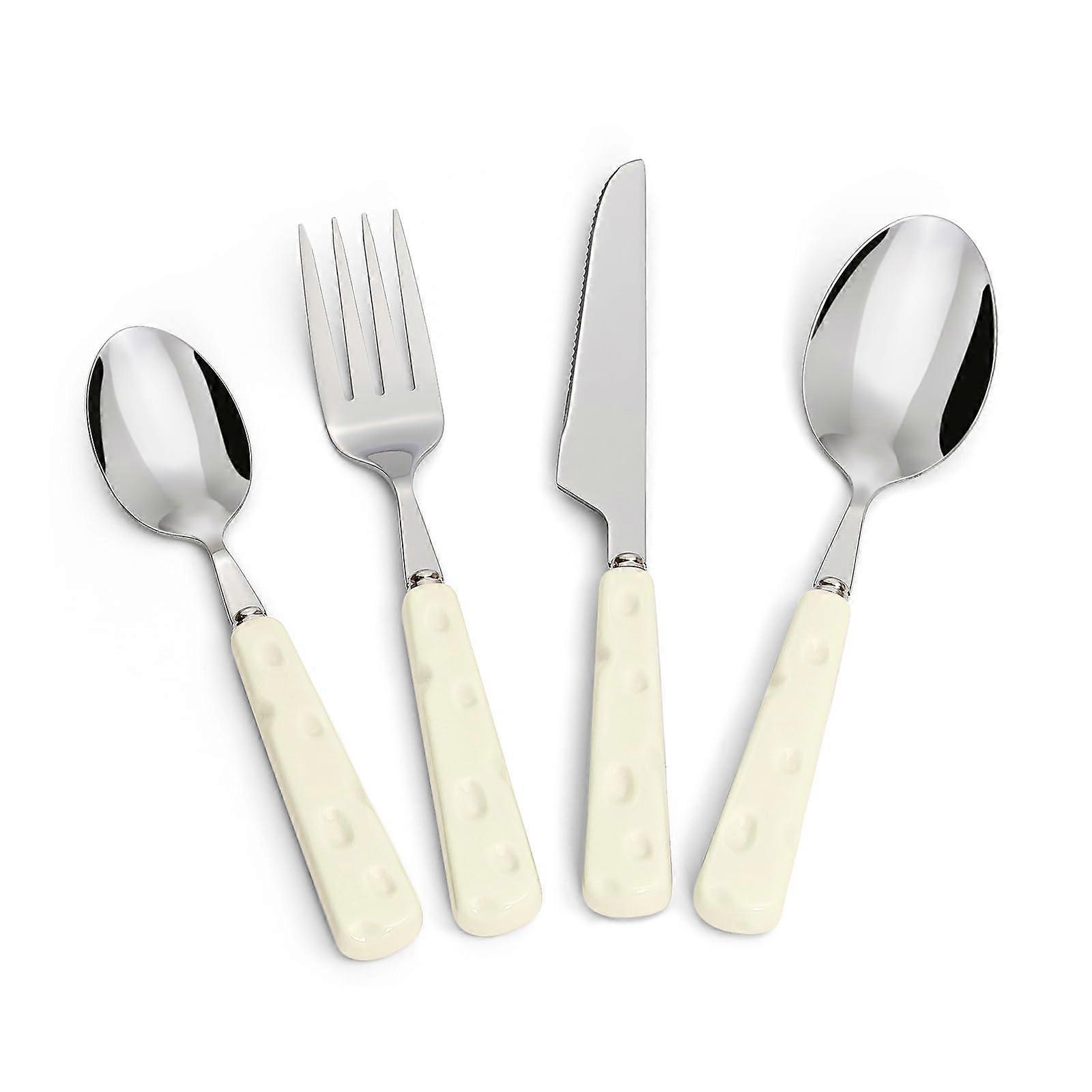 4Piece Stainless Steel Cutlery Set with Chubby Cheese Pattern Ceramic Handles for Dinner