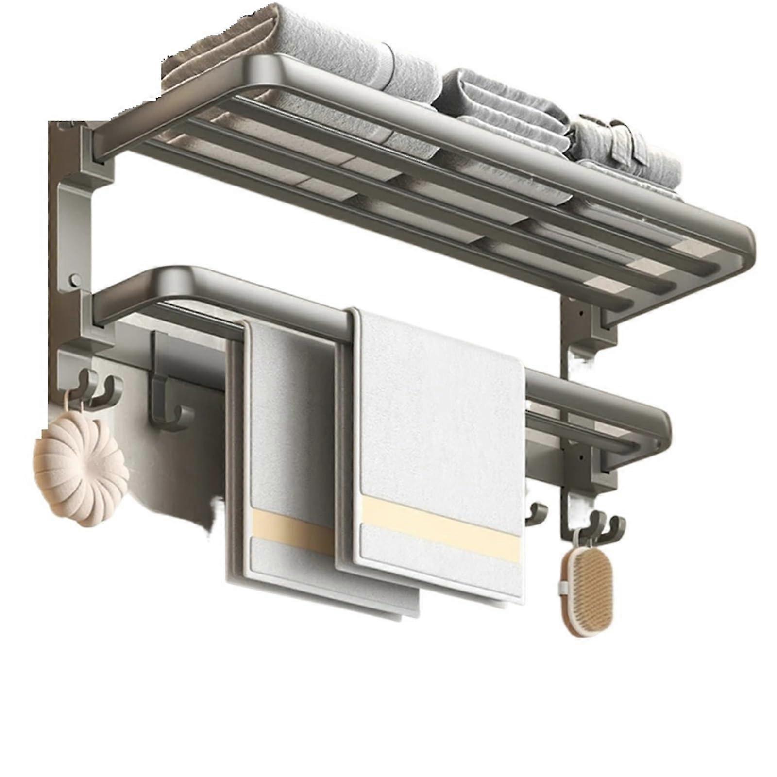 24 Inch Wall Mounted Towel Rack with Shelf Rust Proof Foldable Design and Movable Hooks for Bathroom