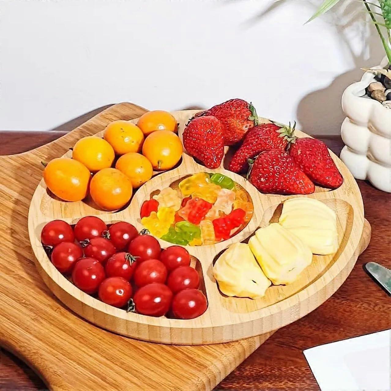 Bamboo Serving Platter with MultiCompartments and Central Dip Section for Snacks and Appetizers