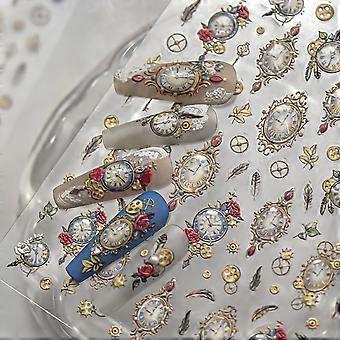 Vintage Clock Nail Art Stickers 5D Embossed Self Adhesive Timepiece Nail Decals for Women