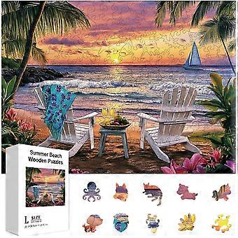 300Pcs Summer Beach Wooden Jigsaw Puzzles for Adult Ocean Waves Wooden Puzzles Colorful Unique Shaped Wood Puzzles for Birthday
