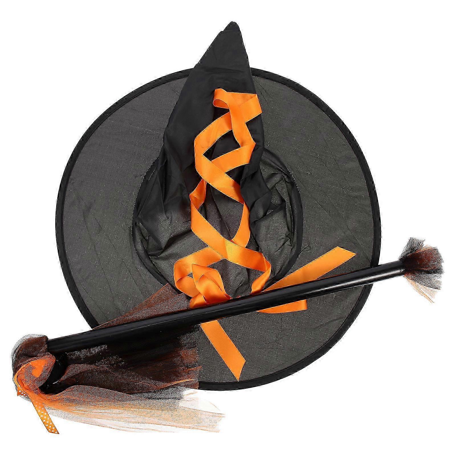 Halloween Witch Hat Broom Kit compatible with Party Use 2Sets Orange