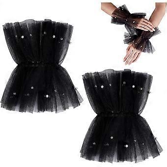 Short Lace Fingerless Gloves, Pearl Tulle Wedding Gloves Wrist Cuffs Gloves for Women Masquerade Wedding Party
