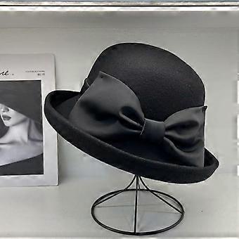 Lyxig atmosfärisk Hepburn-stil australisk ullhatt med rosett, fiskarhatt för barn, höst- och vinterhatt, fransk krusad hög hatt