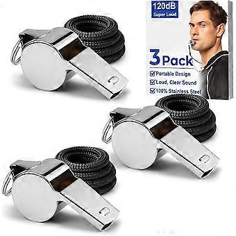 3 Pack Stainless Steel Whistles with Lanyard, Loud Clear Sound for Coaches Referees Soccer Basketball Gym Outdoor