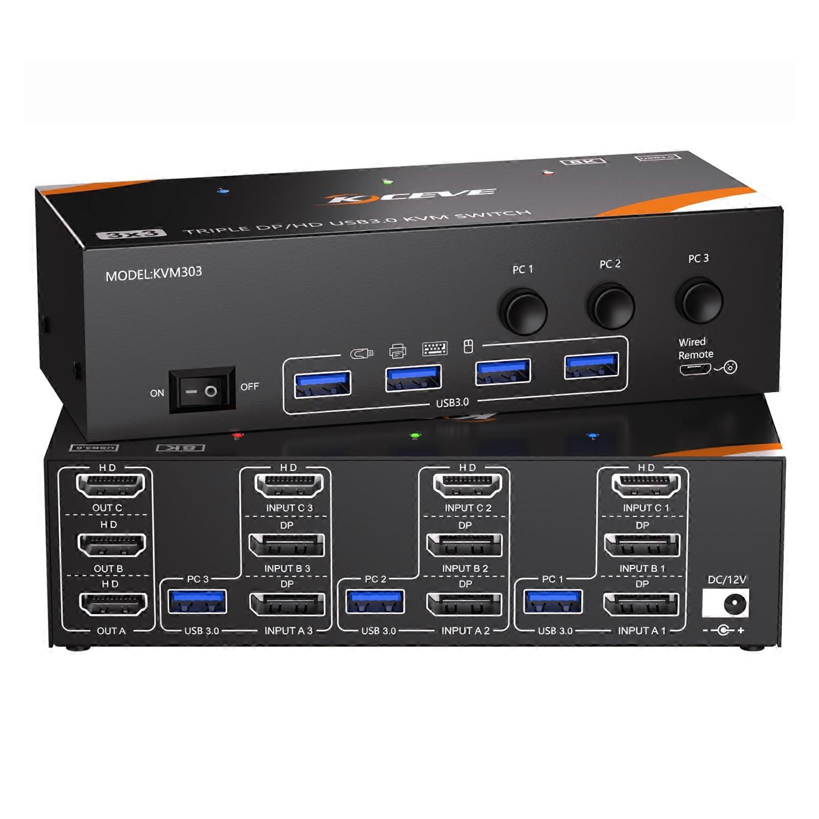 8K KVM Switch 3 PCs 3 Monitoren