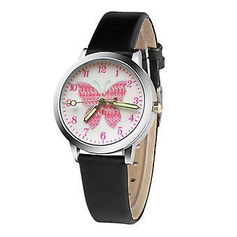 Veeki Cute Pink Butterfly Cartoon Children's Watch, Leather Watch Sports Quartz With Luminous Hands, Birthday Gift For Boys And Girlsblack