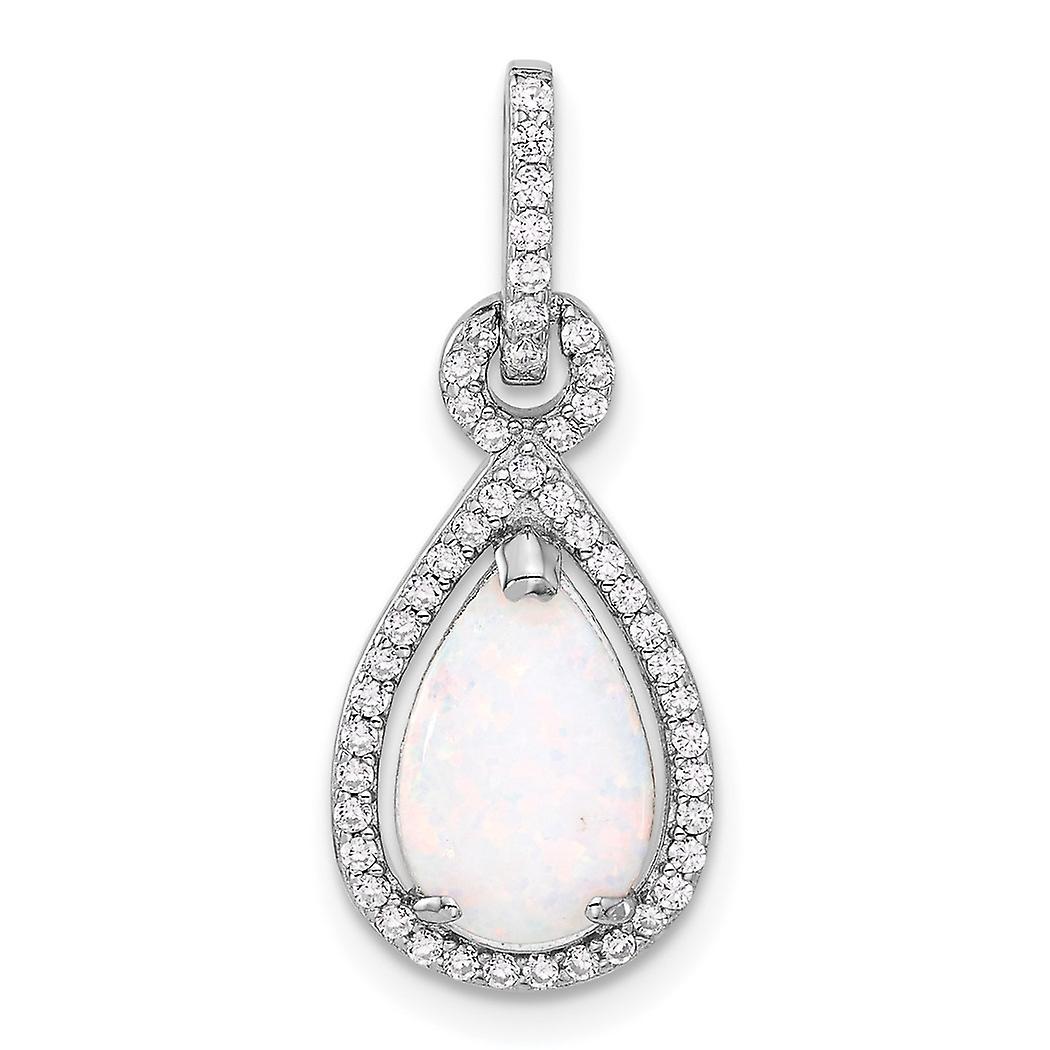 925 Sterling Silver Rhodium Plated Simulated Opal and Cubic Zirconia Teardrop Pendant Necklace 25.2x10.6mm Wide 3.8mm Th