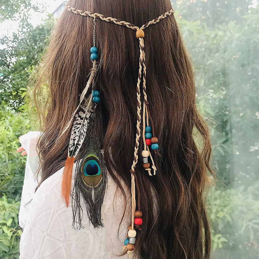 Indian Peacock Feather Headbands Boho Princess Head Chain Bule (G)