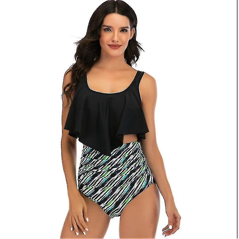 Femmes Taille haute Bikini Volant Maillot de bain Flounce Pom Pom Trim Maillot de bain deux pièces