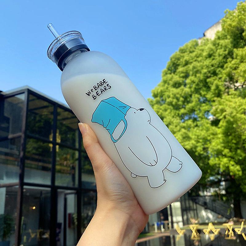 Cute Panda Bear Cup 1000ml Water Bottles With Straw Transparent Cartoon Water Bottle Drinkware Frosted Leak-proof Protein Shaker