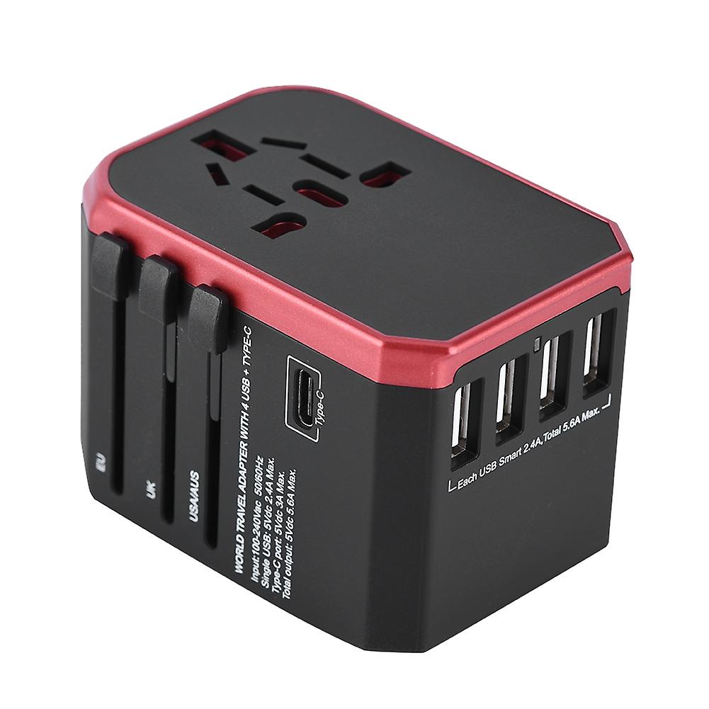 Universal Travel Adapter Plug 4 USB Ports Type C Sockets Converter for ///(Red)