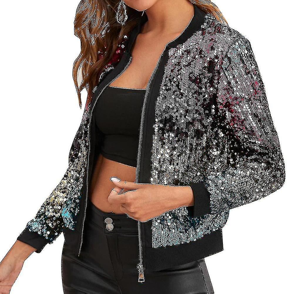Women's Trend Sequin Stitching Cropped Top Jacket Button Nightclub-YUHAO