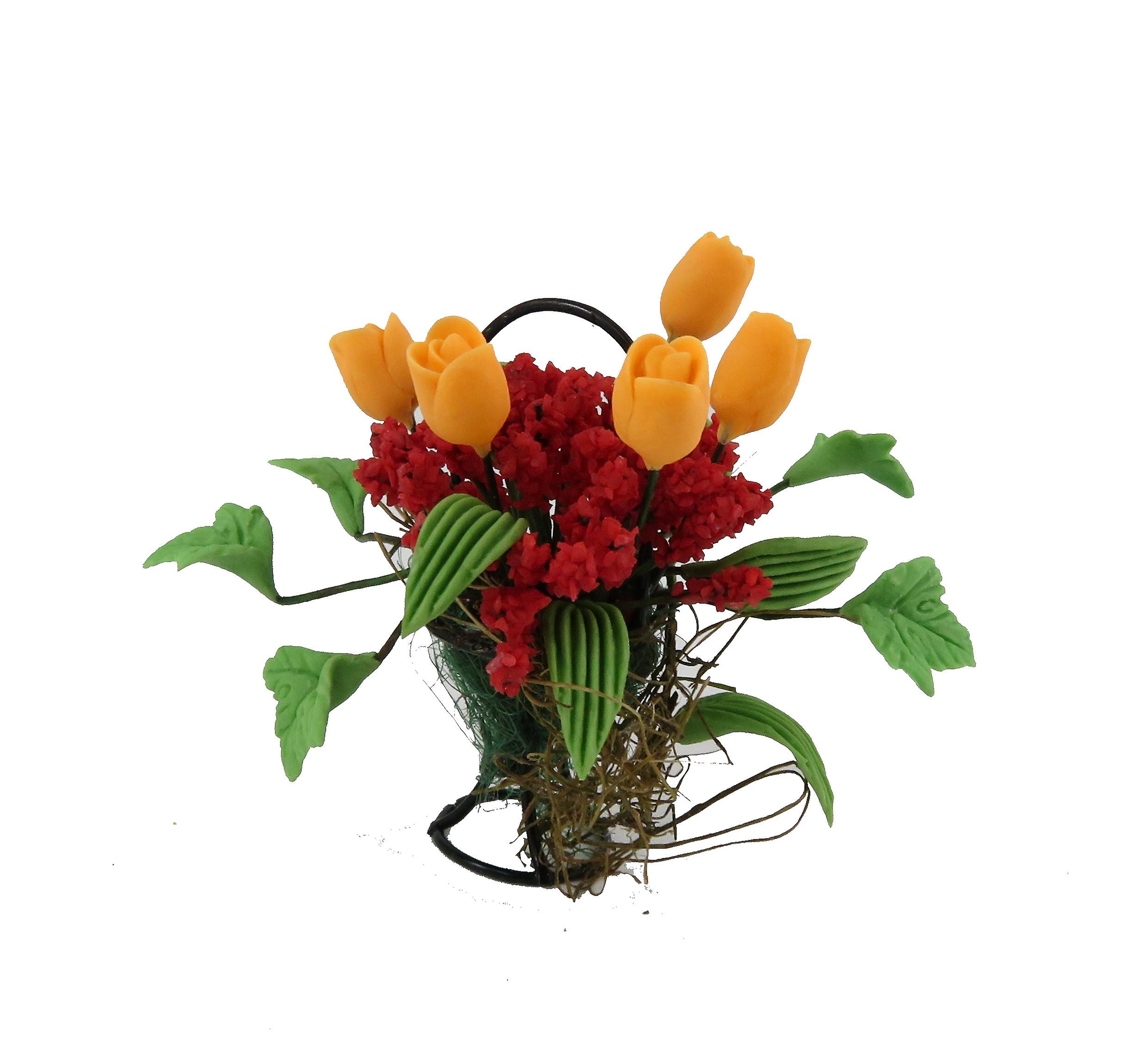 Dolls House Apricot & Red Flower Display In Black Wire Basket Garden Accessory