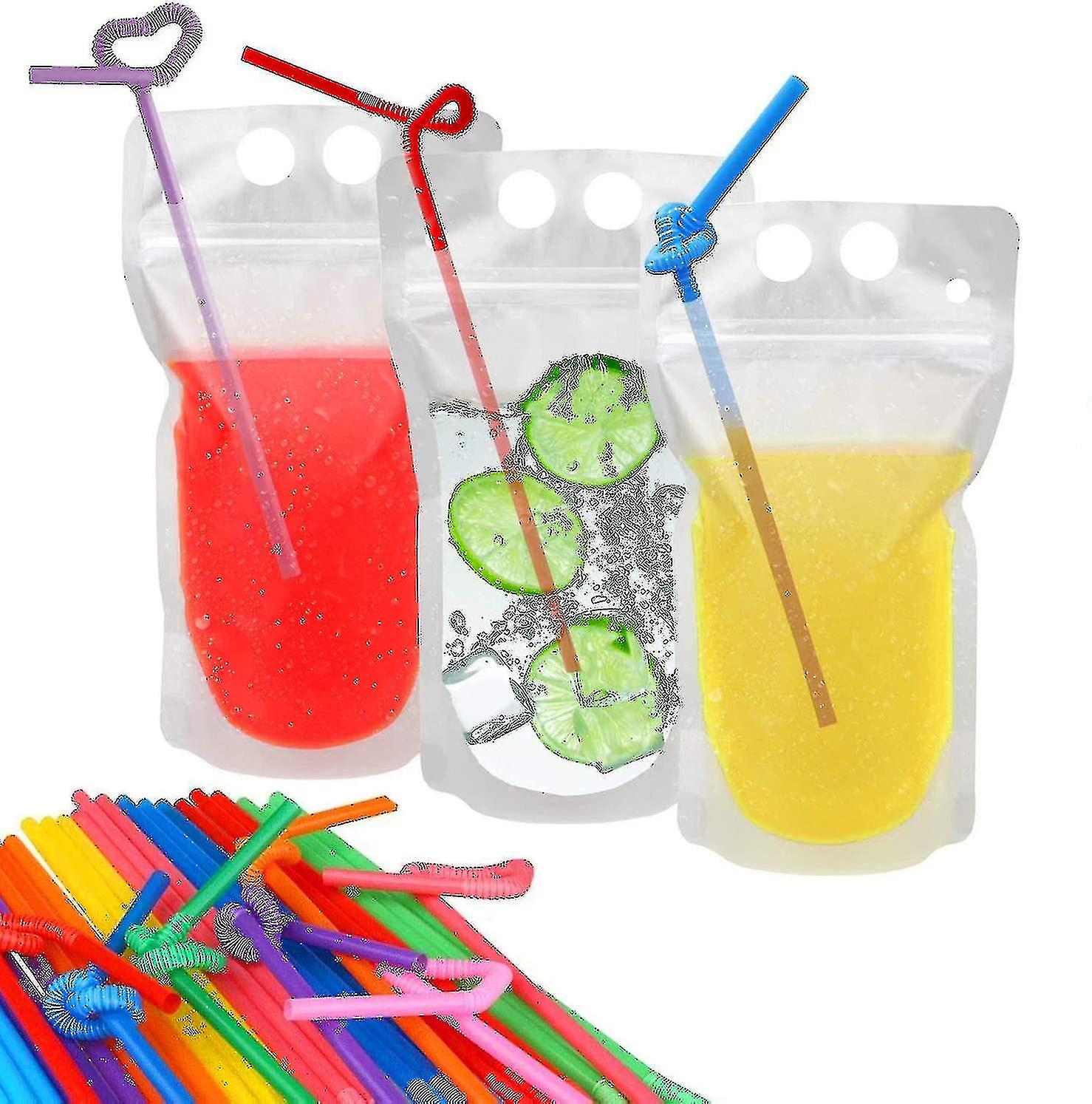 100 Pcs Drink Pouches With 100 Straw Holes Translucent Reclosable Zipper Plastic Pouches - sheng