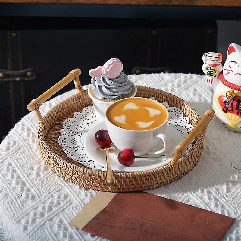 Rattan Handwoven Round High Wall Severing Tray Food Storage Platters Plate Over Handles For