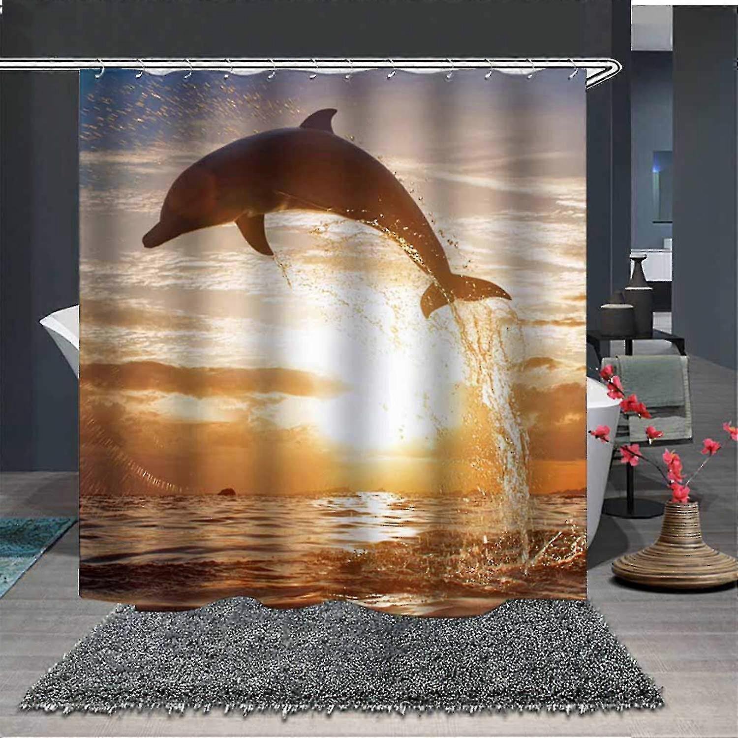 Mildew Resistant Shower Curtain 100% Polyester Waterproof Fabric With 12 Rings Hooks Bathroom Curtain, Dusk Dolphin 180x180cm