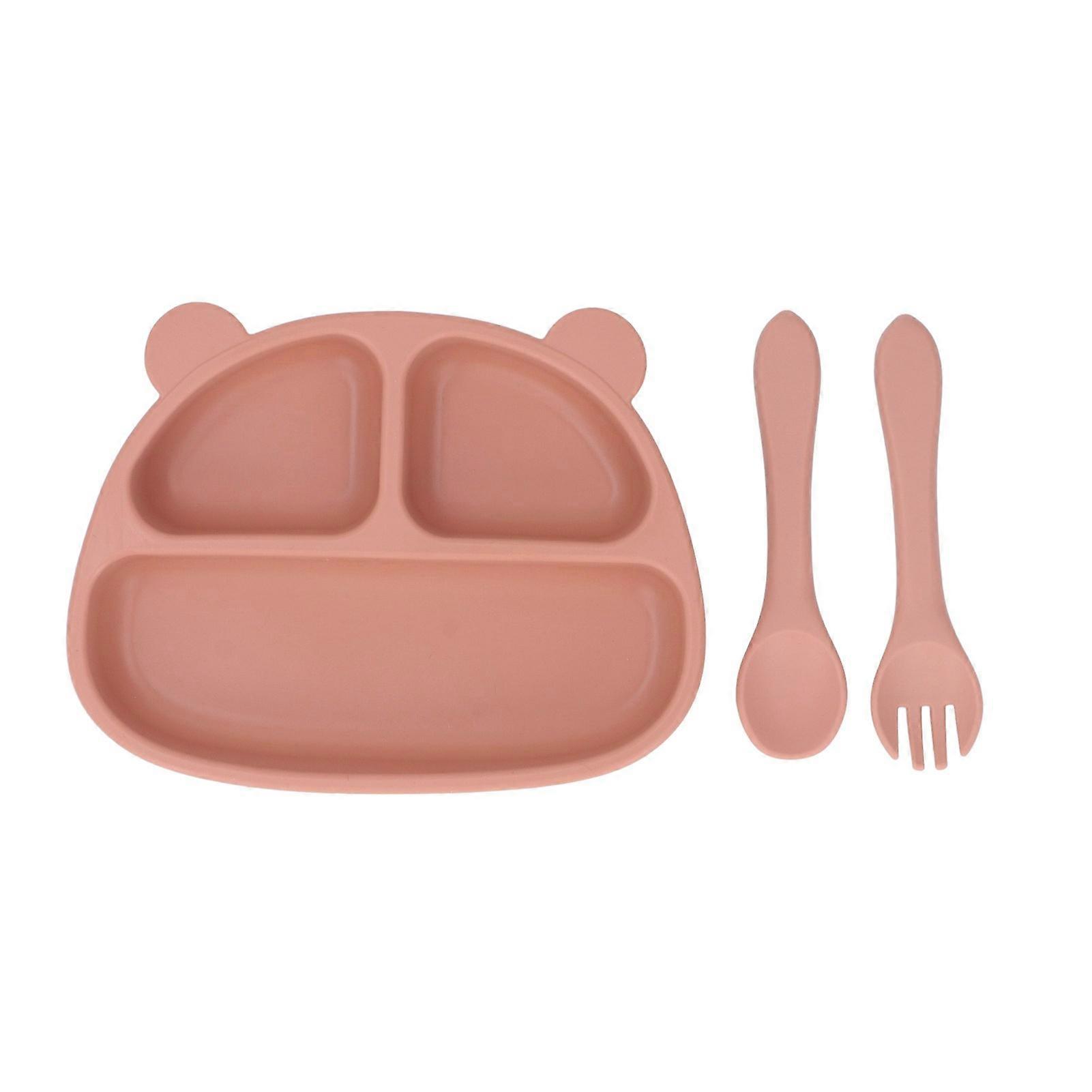 Baby Dinner Plate 3 Divided Grids Soft Silicone Falling Resistant Training Plates with Spoon Fork Orange Dinner Plate Spoon Fork