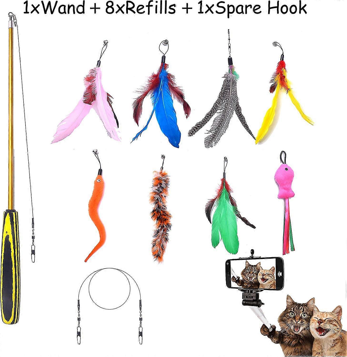 Plume Toy For Cats, Interactive Retractable Fish Cane Toy With 8 Recharges And A Spare Part Hook For The Interior Cats And Kittens